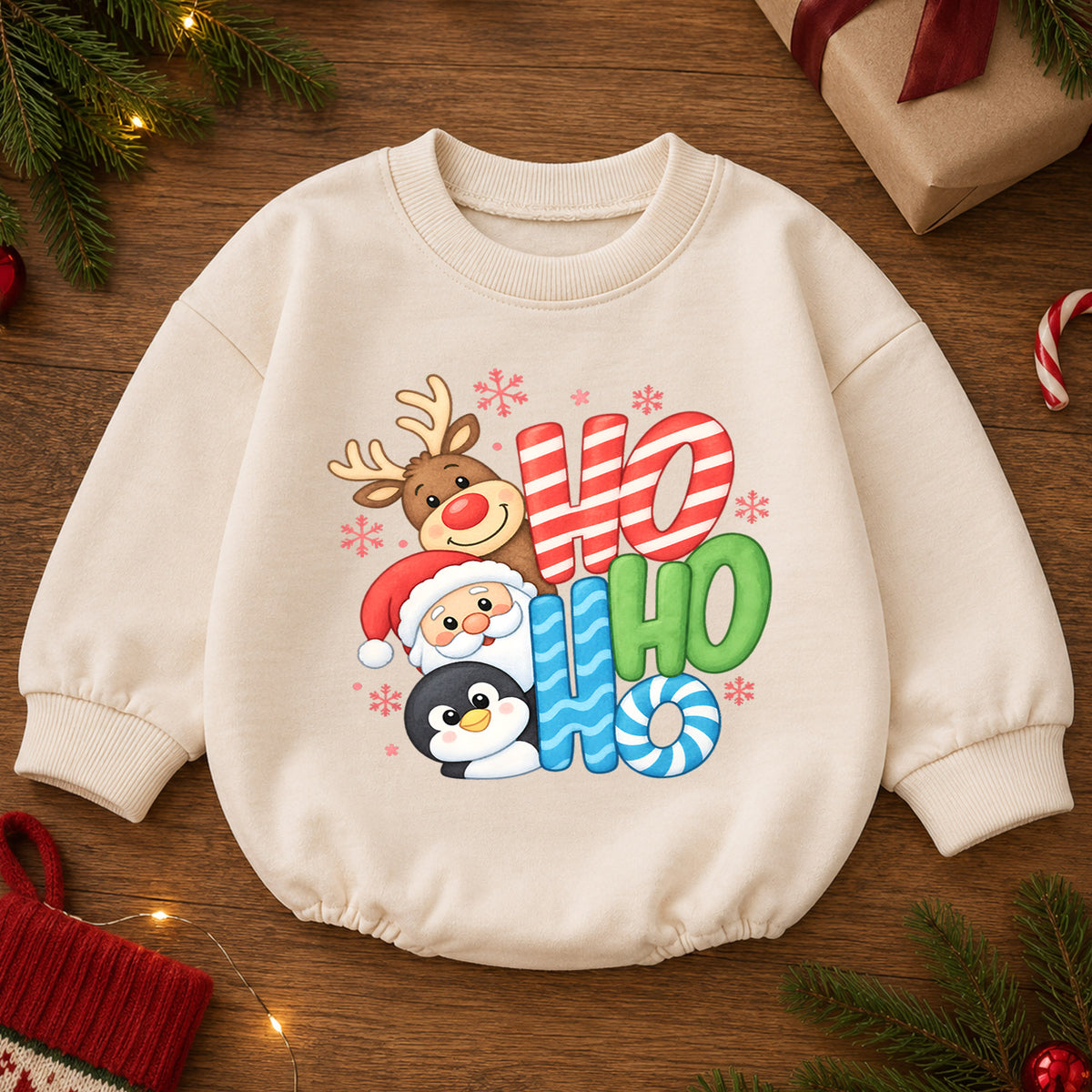 Ho Ho Ho Christmas Baby Outfit, Santa Reindeer Penguin Romper, Baby First Christmas Romper, Toddler Holiday Outfit, Xmas Baby Gift — product view 2