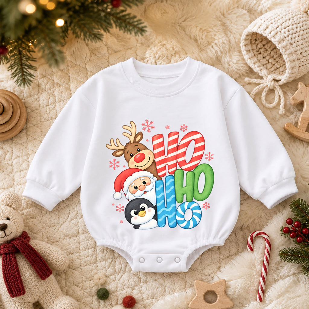 Ho Ho Ho Christmas Baby Outfit, Santa Reindeer Penguin Romper, Baby First Christmas Romper, Toddler Holiday Outfit, Xmas Baby Gift — product view 3