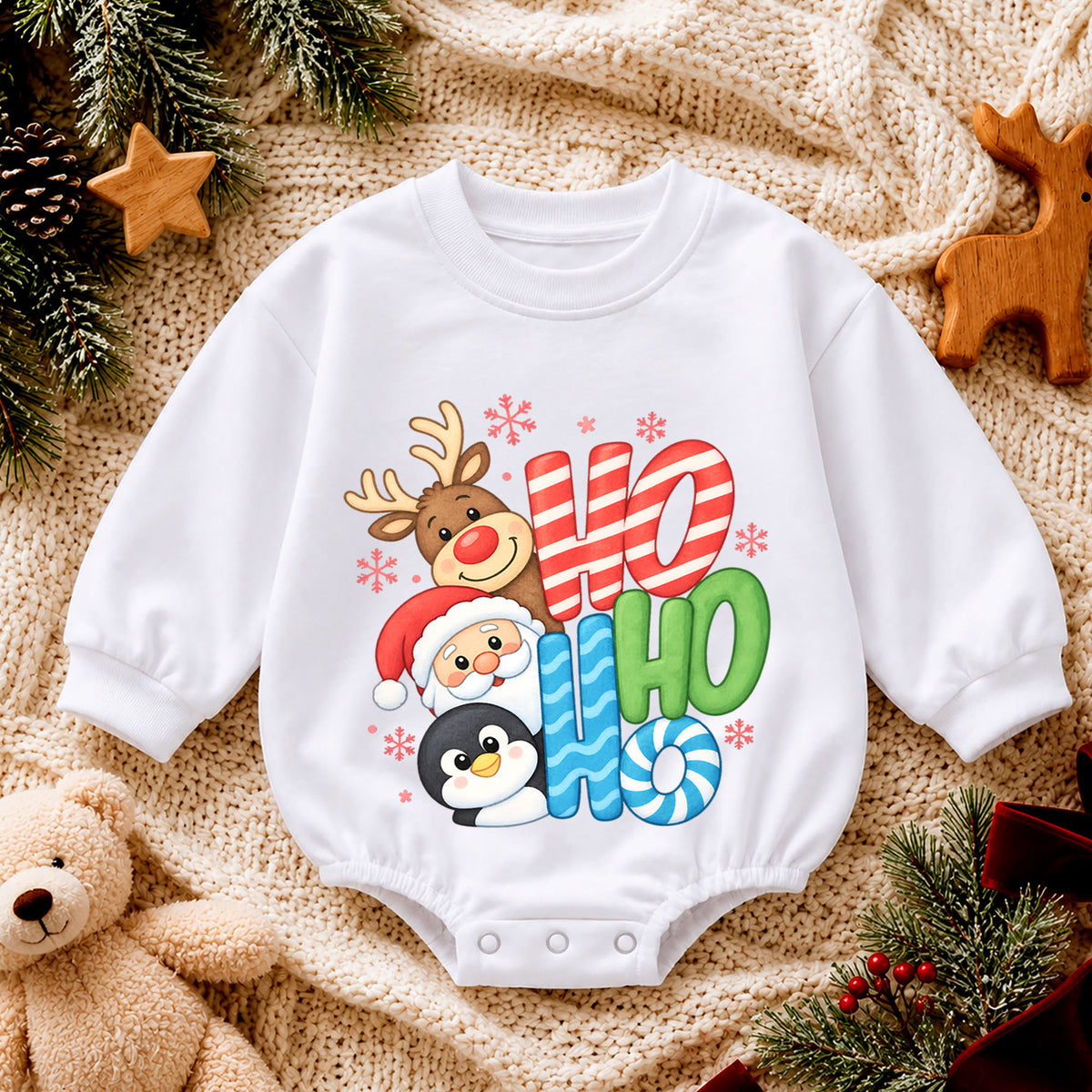 Ho Ho Ho Christmas Baby Outfit, Santa Reindeer Penguin Romper, Baby First Christmas Romper, Toddler Holiday Outfit, Xmas Baby Gift — product view 4