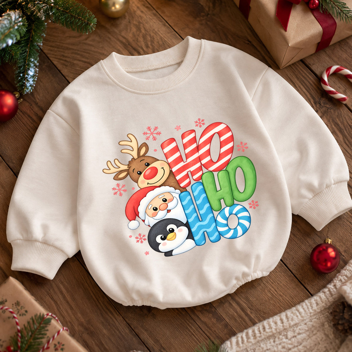 Ho Ho Ho Christmas Baby Outfit, Santa Reindeer Penguin Romper, Baby First Christmas Romper, Toddler Holiday Outfit, Xmas Baby Gift — product view 5