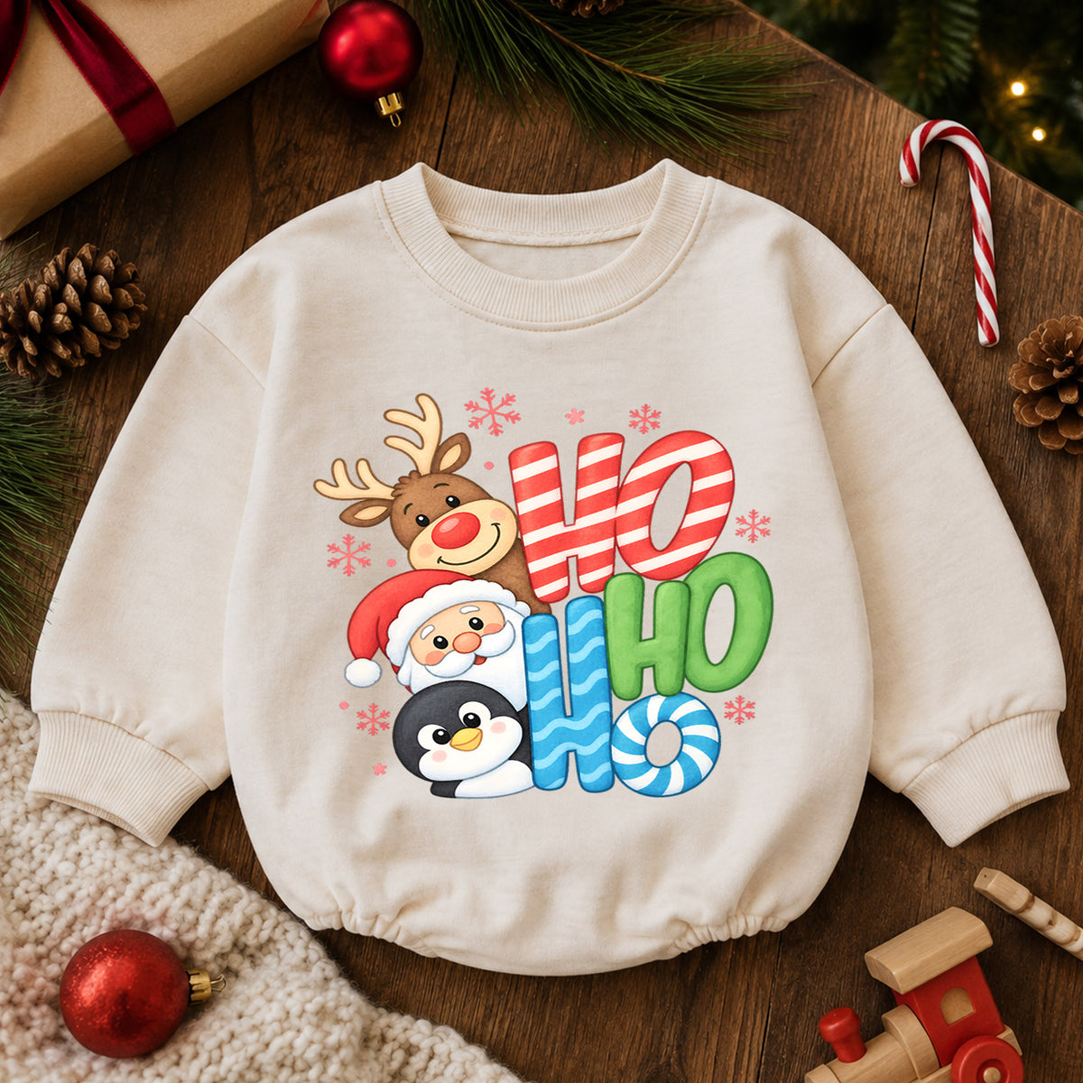 Ho Ho Ho Christmas Baby Outfit, Santa Reindeer Penguin Romper, Baby First Christmas Romper, Toddler Holiday Outfit, Xmas Baby Gift — product view 6