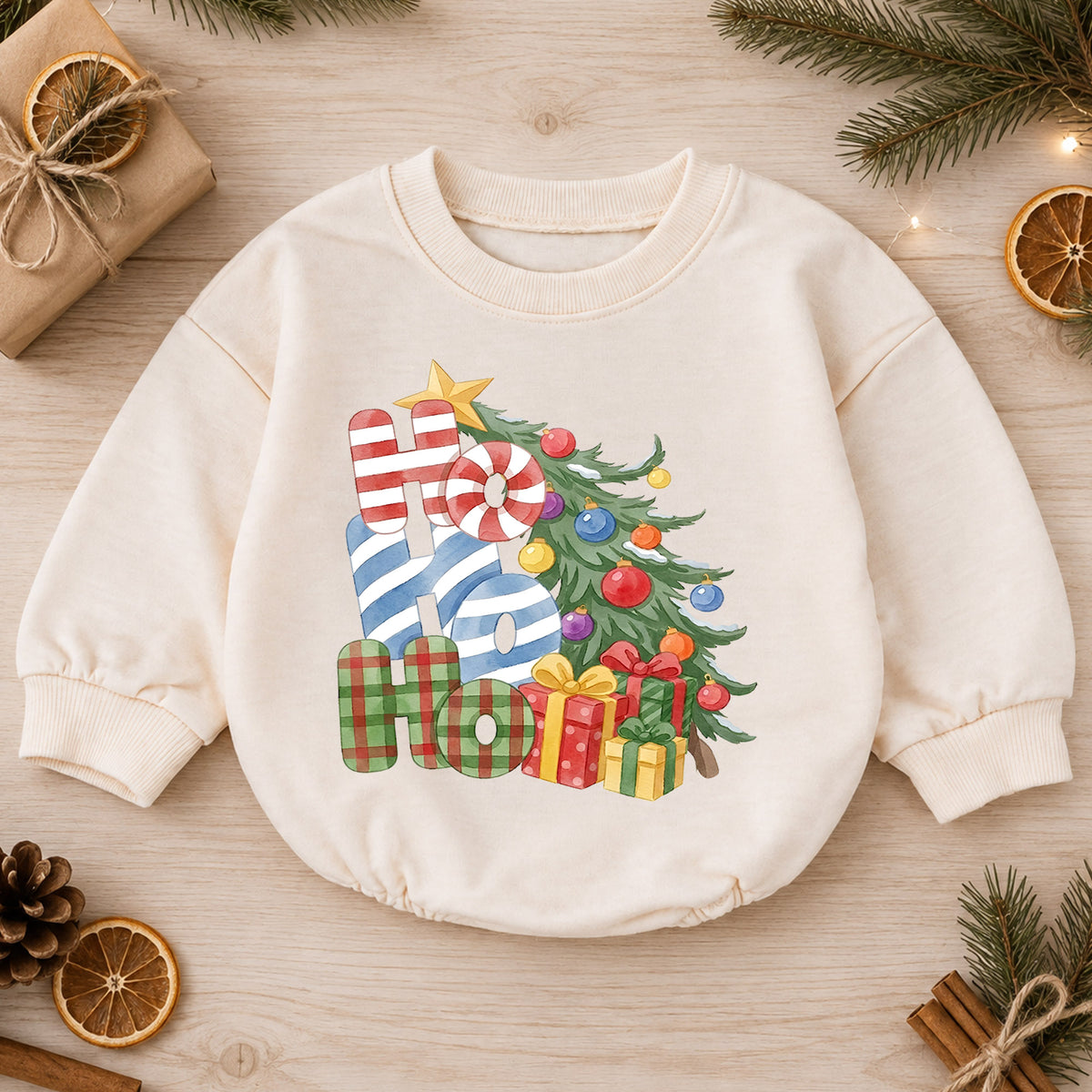 Ho Ho Ho Christmas Baby Outfit, Christmas Tree Gift Romper, Baby First Christmas Romper, Toddler Holiday Outfit, Xmas Baby Gift — product view 1