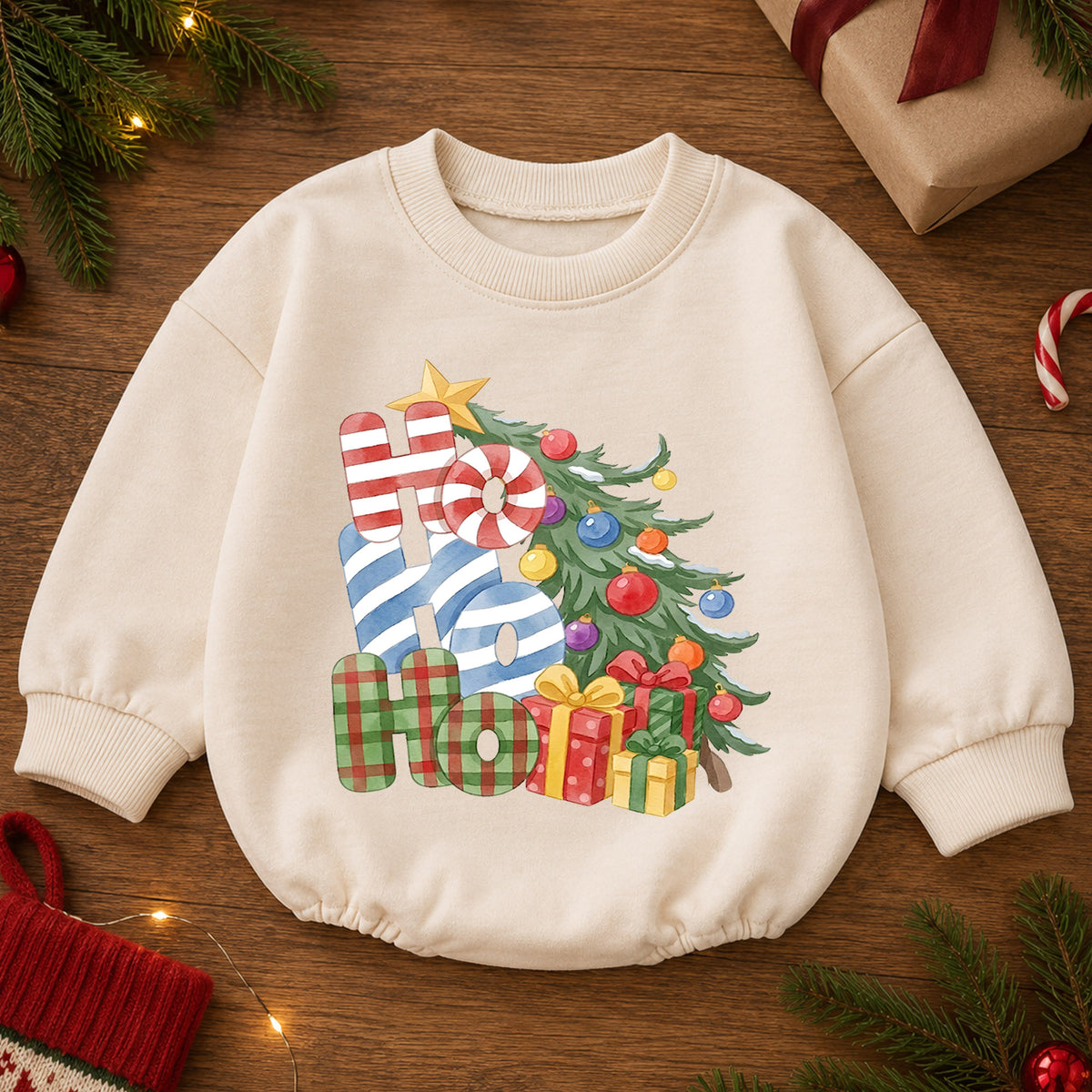 Ho Ho Ho Christmas Baby Outfit, Christmas Tree Gift Romper, Baby First Christmas Romper, Toddler Holiday Outfit, Xmas Baby Gift — product view 2