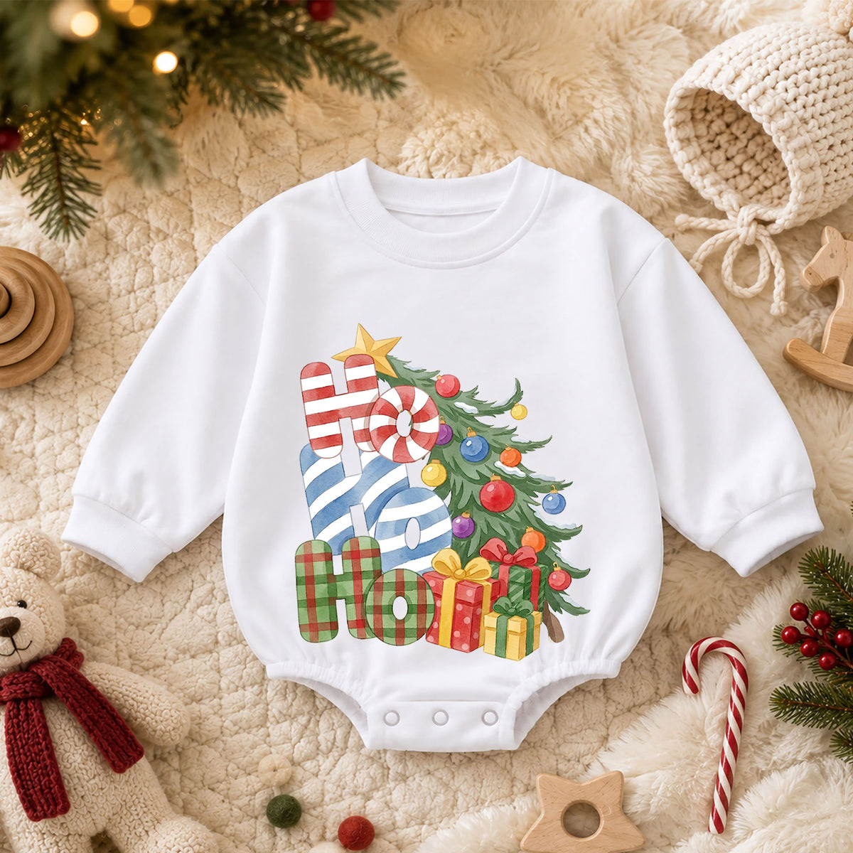 Ho Ho Ho Christmas Baby Outfit, Christmas Tree Gift Romper, Baby First Christmas Romper, Toddler Holiday Outfit, Xmas Baby Gift — product view 3