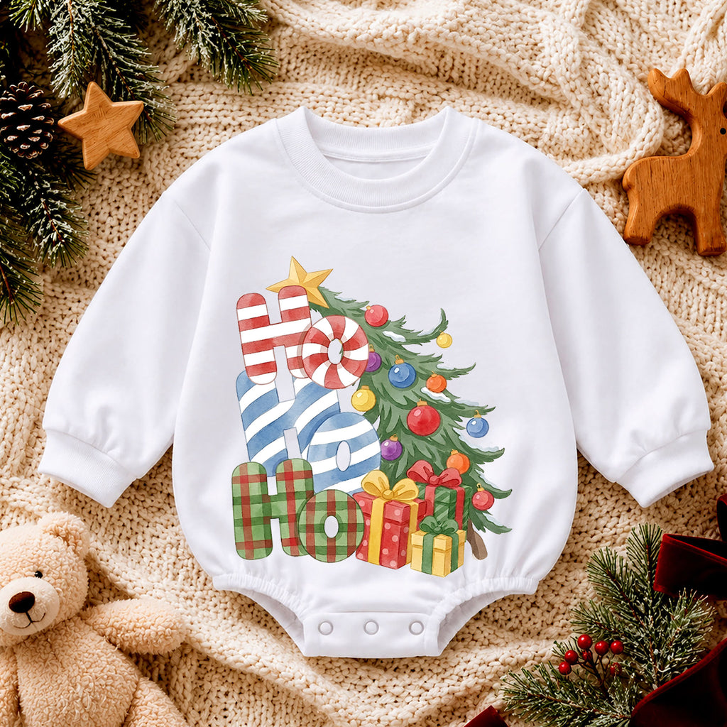 Ho Ho Ho Christmas Baby Outfit, Christmas Tree Gift Romper, Baby First Christmas Romper, Toddler Holiday Outfit, Xmas Baby Gift — product view 4