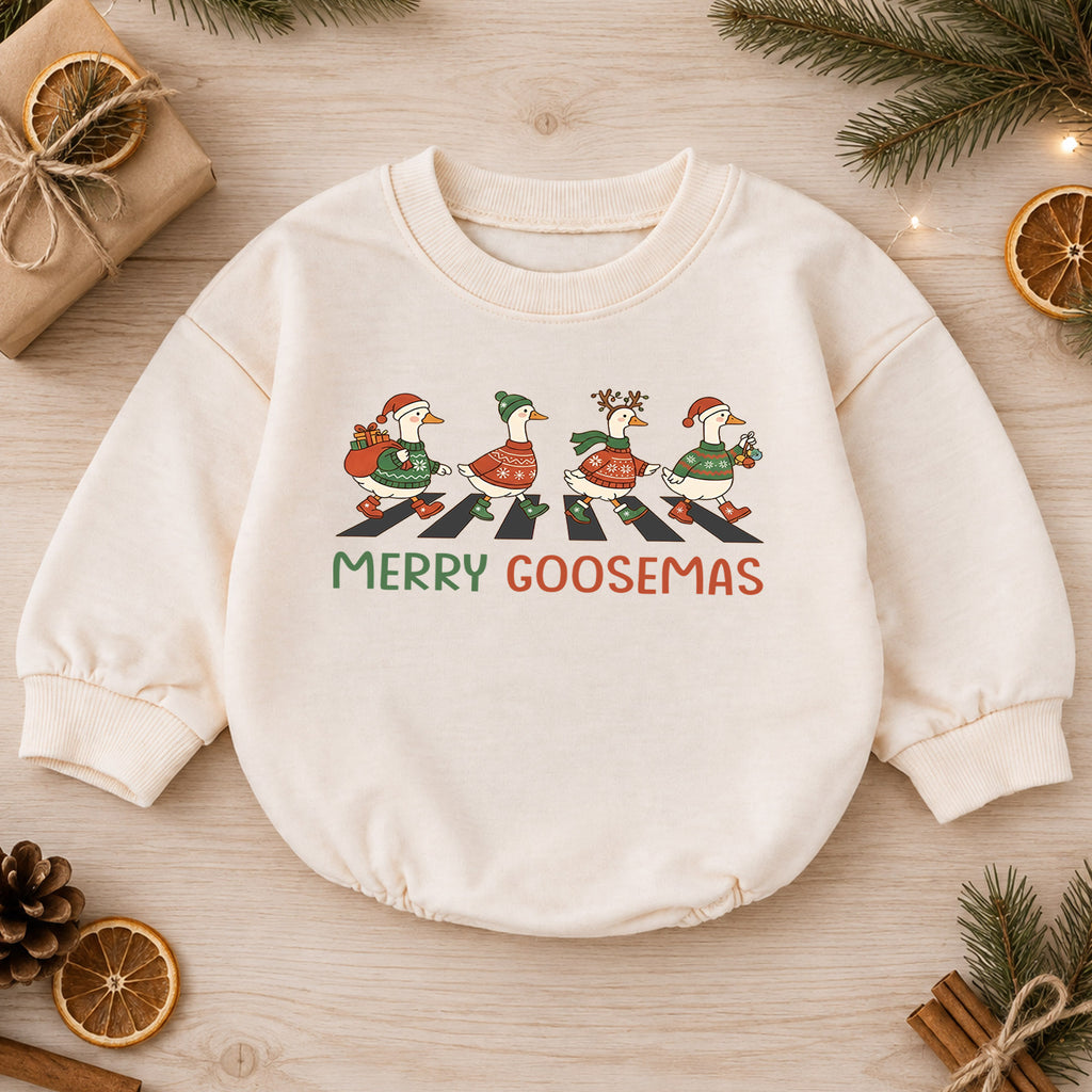 Merry Goosemas Baby Romper, Christmas Goose Holiday Outfit, Funny Goose Family Toddler Romper, Cute 1st Christmas Gift for Baby — product view 1