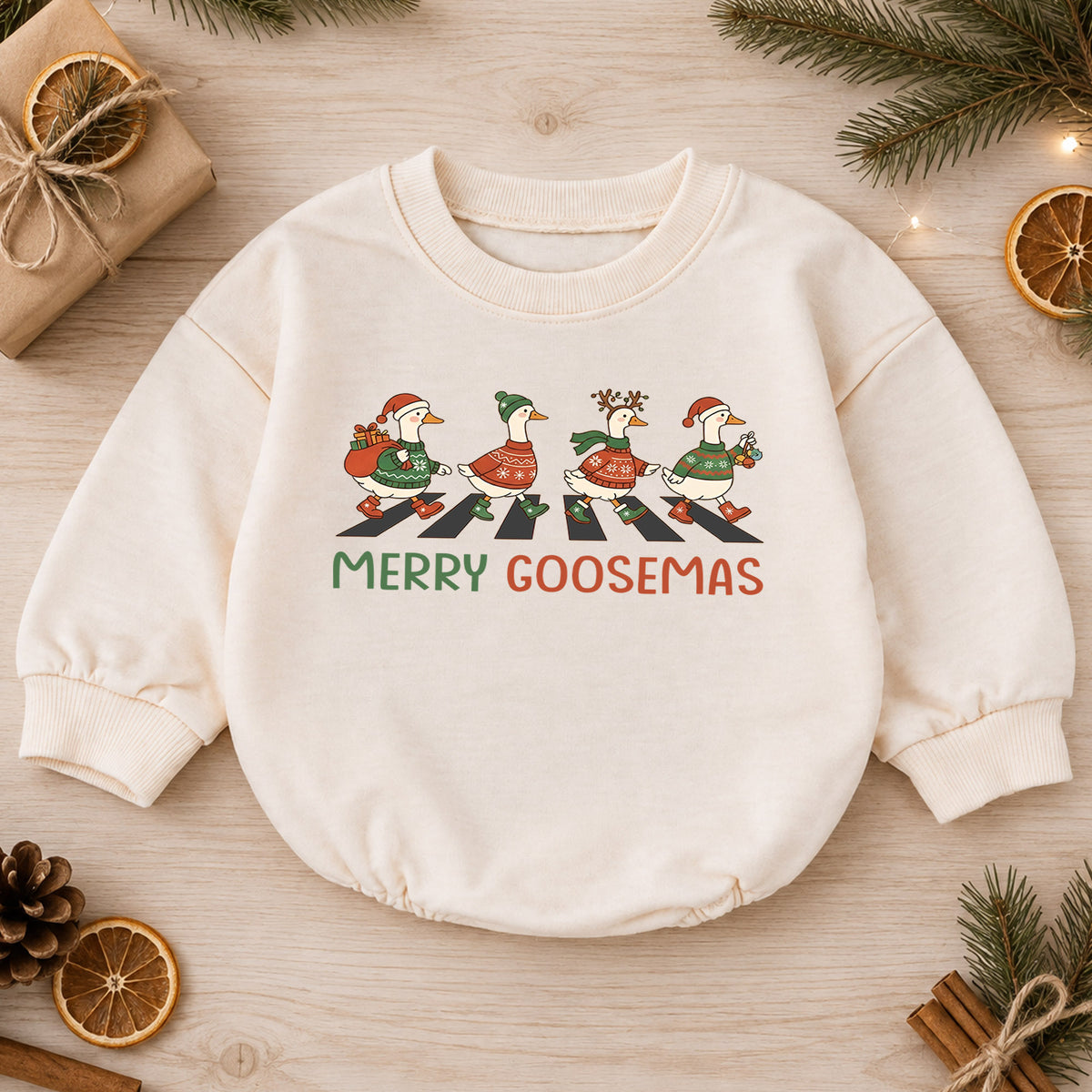 Merry Goosemas Baby Romper, Christmas Goose Holiday Outfit, Funny Goose Family Toddler Romper, Cute 1st Christmas Gift for Baby — product view 1