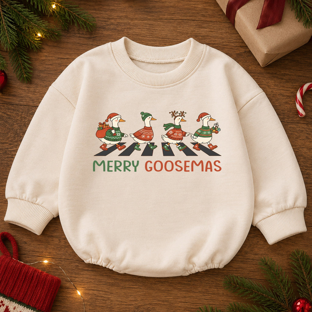 Merry Goosemas Baby Romper, Christmas Goose Holiday Outfit, Funny Goose Family Toddler Romper, Cute 1st Christmas Gift for Baby — product view 2