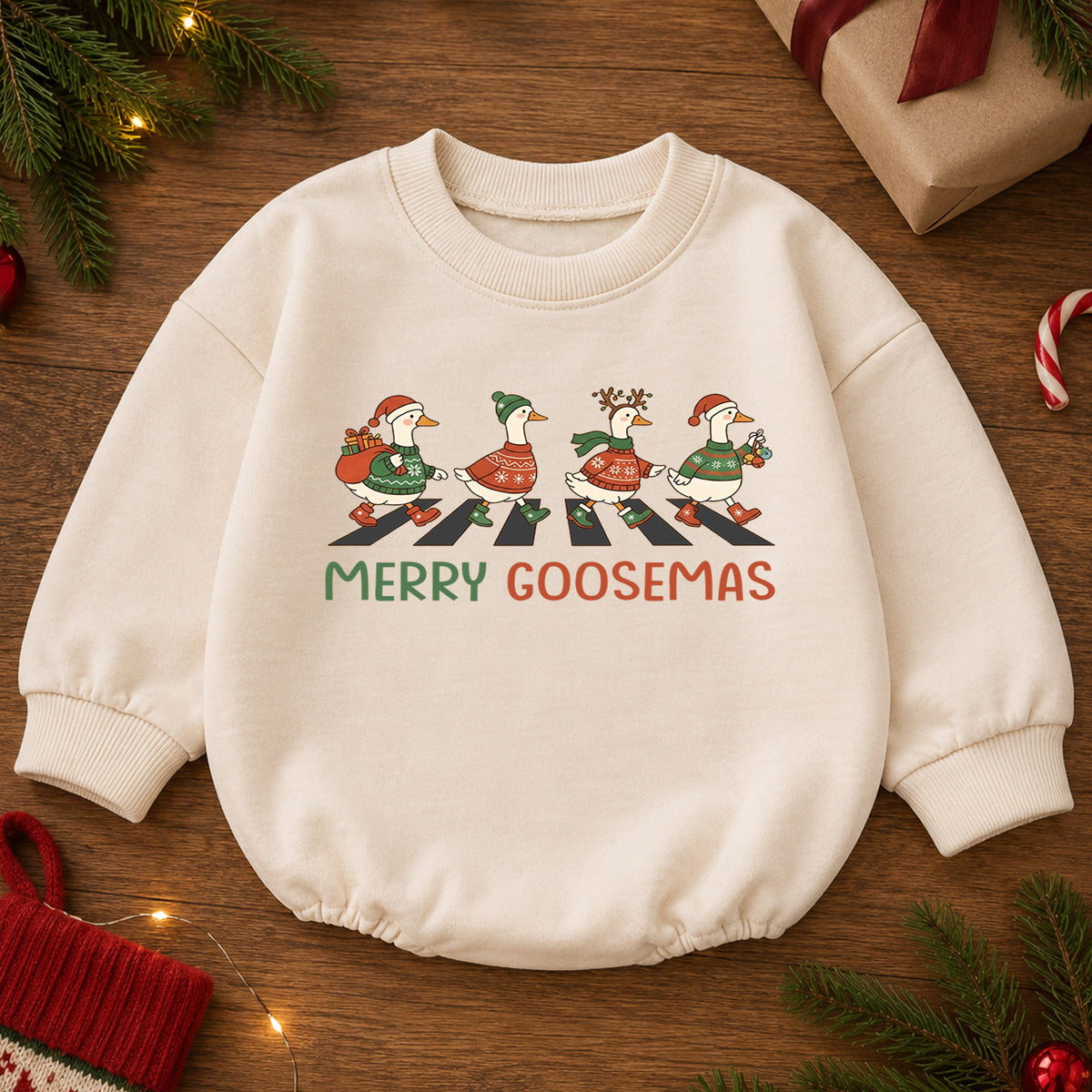 Merry Goosemas Baby Romper, Christmas Goose Holiday Outfit, Funny Goose Family Toddler Romper, Cute 1st Christmas Gift for Baby — product view 2