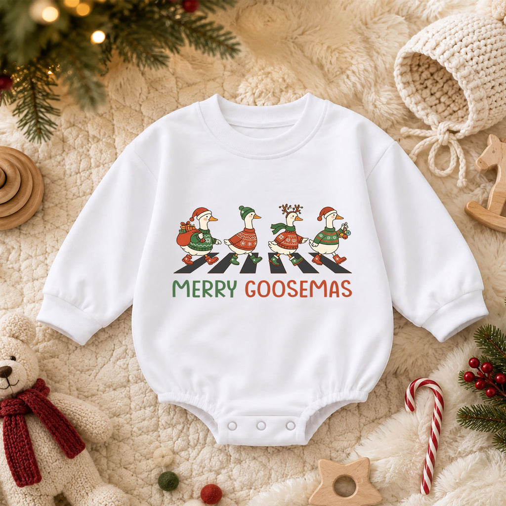 Merry Goosemas Baby Romper, Christmas Goose Holiday Outfit, Funny Goose Family Toddler Romper, Cute 1st Christmas Gift for Baby — product view 3