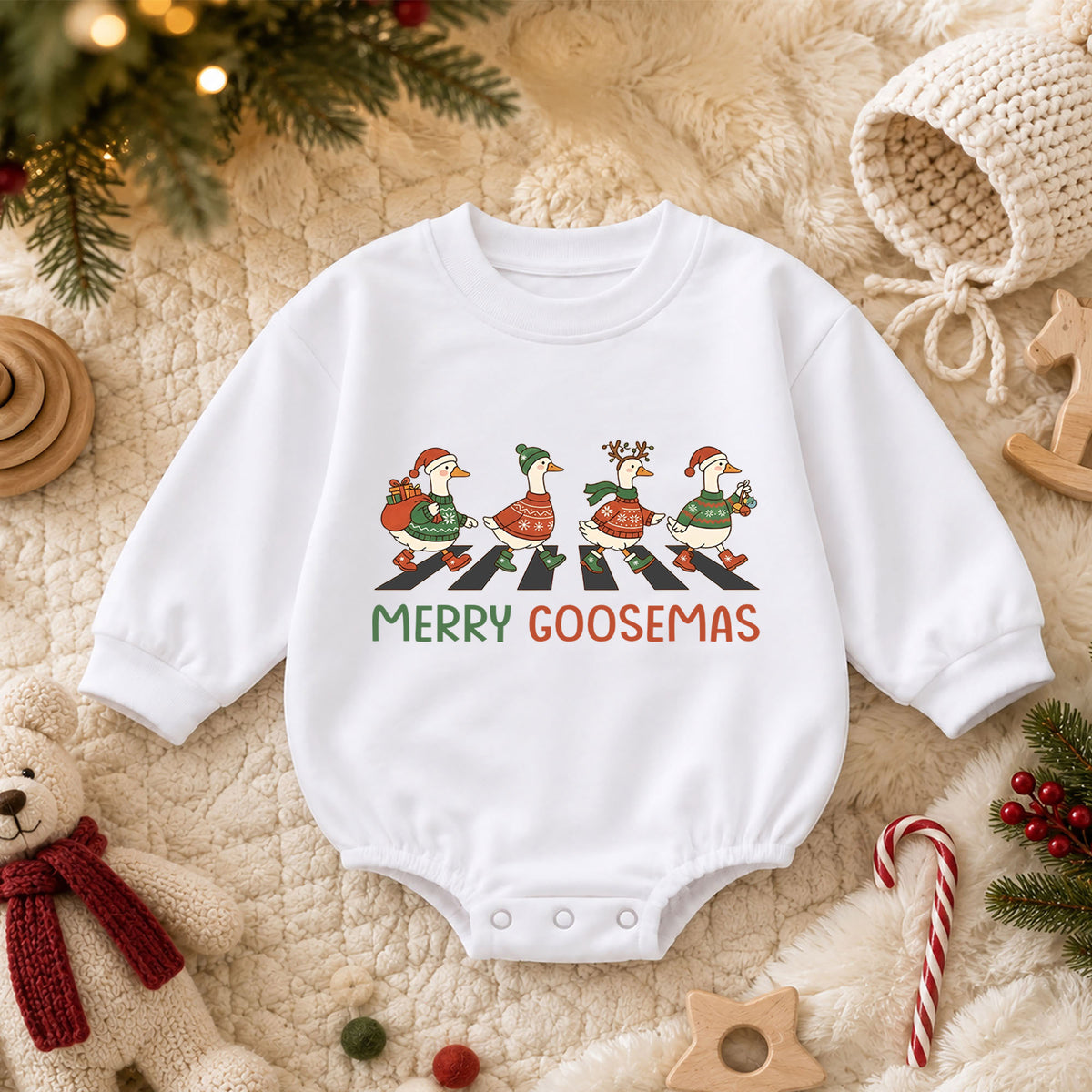 Merry Goosemas Baby Romper, Christmas Goose Holiday Outfit, Funny Goose Family Toddler Romper, Cute 1st Christmas Gift for Baby — product view 3
