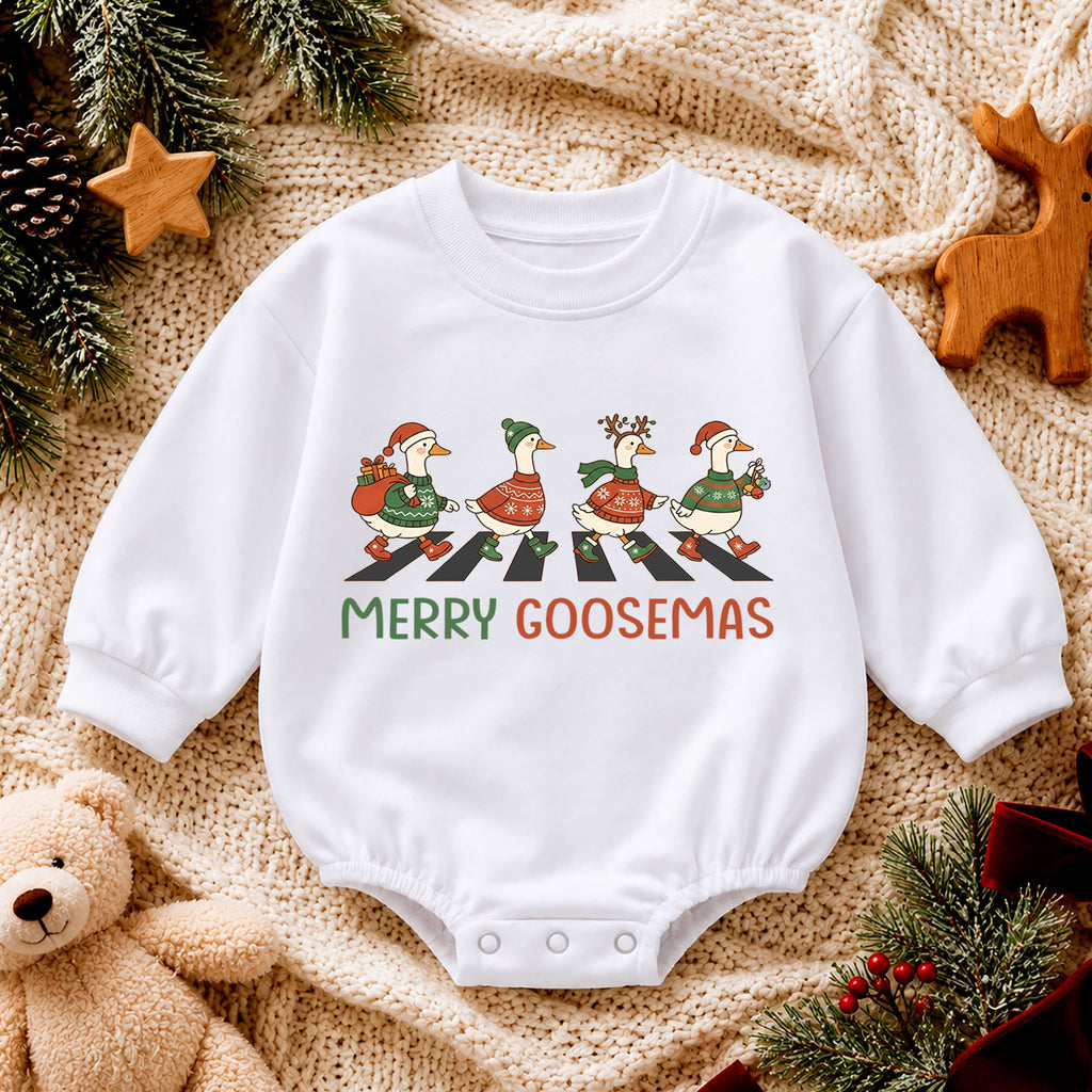 Merry Goosemas Baby Romper, Christmas Goose Holiday Outfit, Funny Goose Family Toddler Romper, Cute 1st Christmas Gift for Baby — product view 4