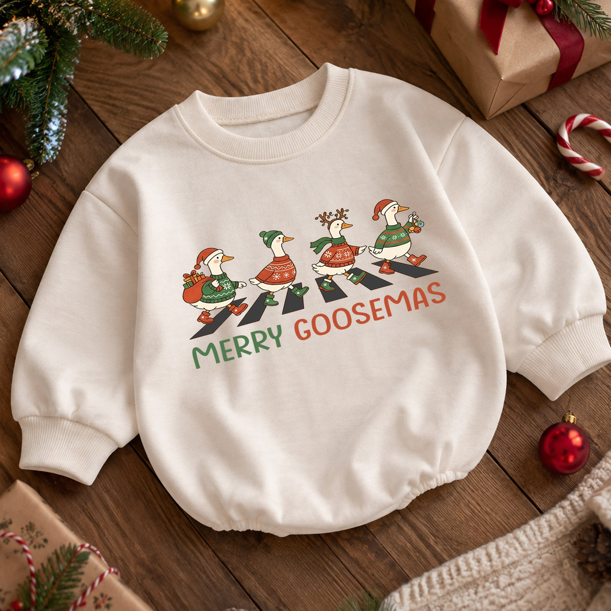 Merry Goosemas Baby Romper, Christmas Goose Holiday Outfit, Funny Goose Family Toddler Romper, Cute 1st Christmas Gift for Baby — product view 5