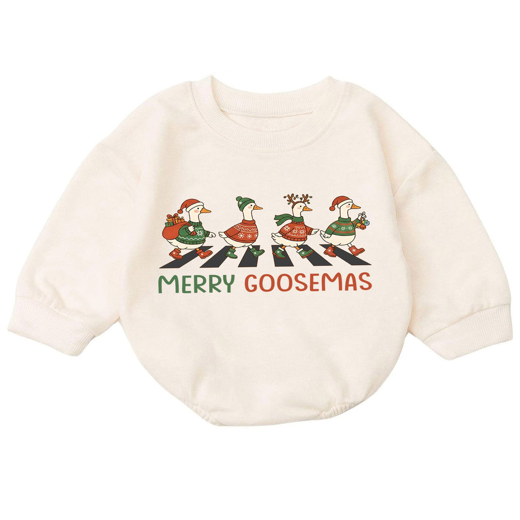 Merry Goosemas Baby Romper, Christmas Goose Holiday Outfit, Funny Goose Family Toddler Romper, Cute 1st Christmas Gift for Baby — product view 7