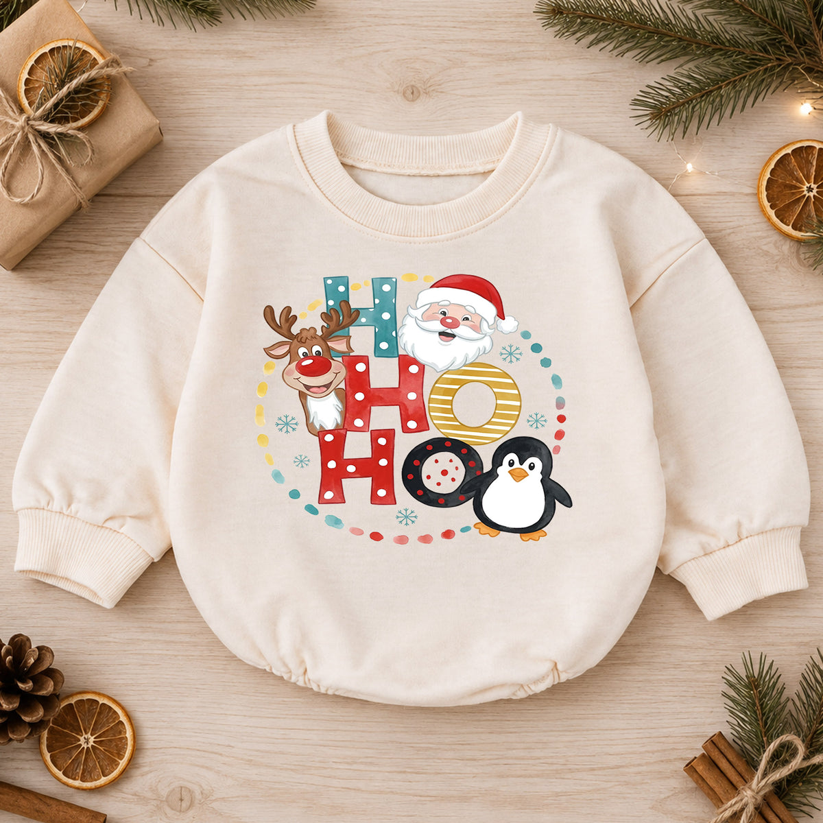 Ho Ho Ho Baby Christmas Outfit, Santa Reindeer Penguin Romper, Baby First Christmas Romper, Toddler Xmas Outfit, Holiday Baby Gift — product view 1