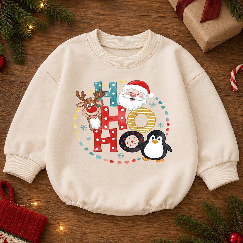 Ho Ho Ho Baby Christmas Outfit, Santa Reindeer Penguin Romper, Baby First Christmas Romper, Toddler Xmas Outfit, Holiday Baby Gift — product view 2
