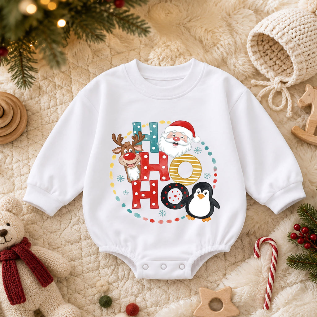Ho Ho Ho Baby Christmas Outfit, Santa Reindeer Penguin Romper, Baby First Christmas Romper, Toddler Xmas Outfit, Holiday Baby Gift — product view 3