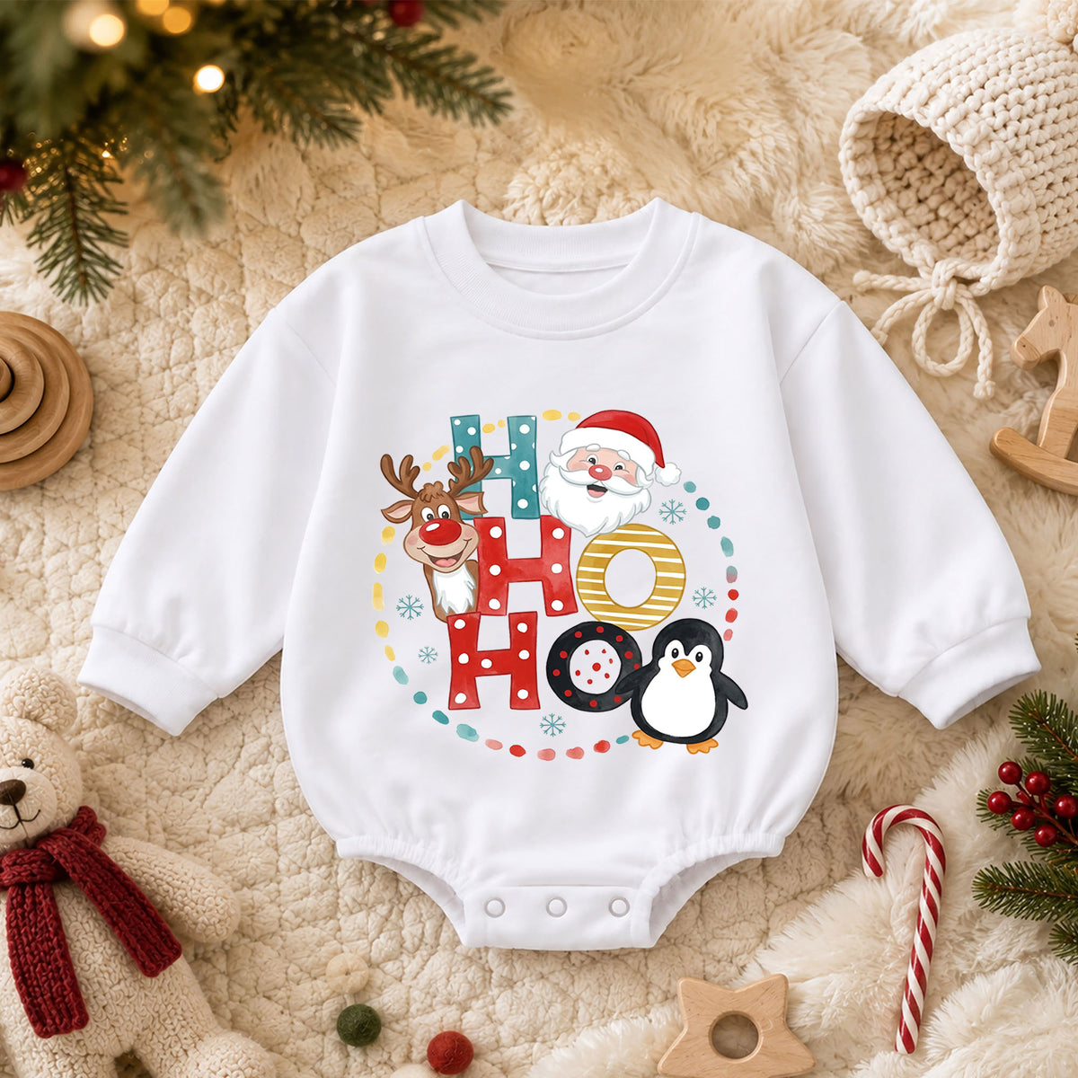 Ho Ho Ho Baby Christmas Outfit, Santa Reindeer Penguin Romper, Baby First Christmas Romper, Toddler Xmas Outfit, Holiday Baby Gift — product view 3