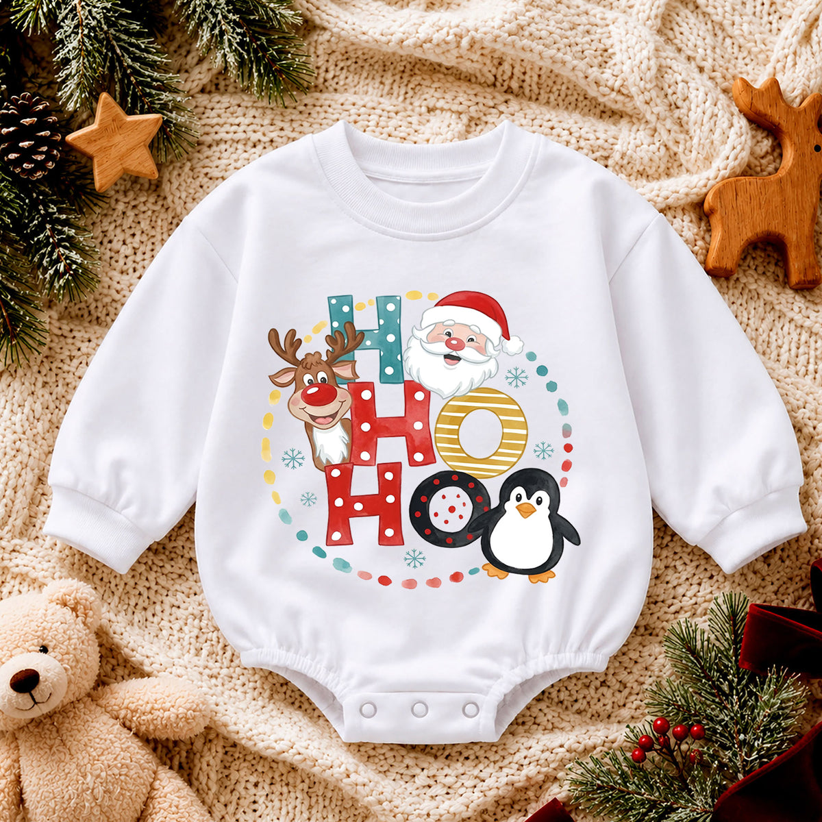 Ho Ho Ho Baby Christmas Outfit, Santa Reindeer Penguin Romper, Baby First Christmas Romper, Toddler Xmas Outfit, Holiday Baby Gift — product view 4