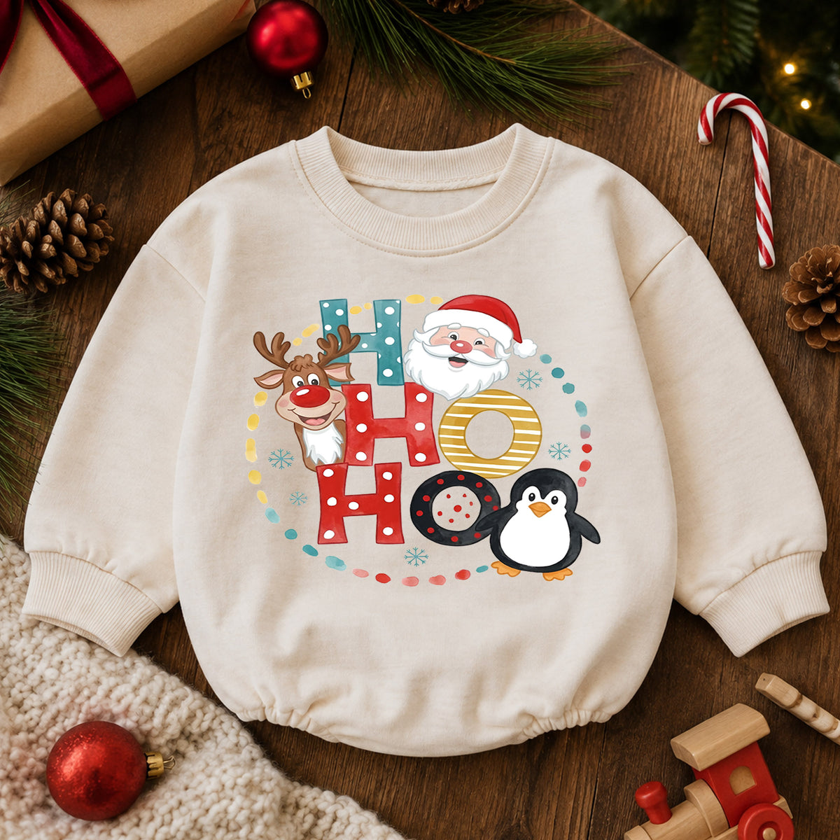 Ho Ho Ho Baby Christmas Outfit, Santa Reindeer Penguin Romper, Baby First Christmas Romper, Toddler Xmas Outfit, Holiday Baby Gift — product view 6