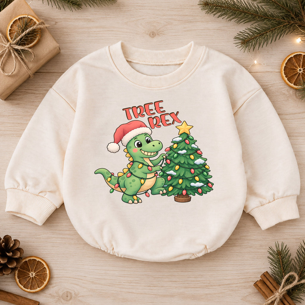 Tree Rex Christmas Baby Outfit, Cute Dinosaur Christmas Romper, Baby First Christmas Romper, Toddler Boy Holiday Outfit, Xmas Baby Gift — product view 1
