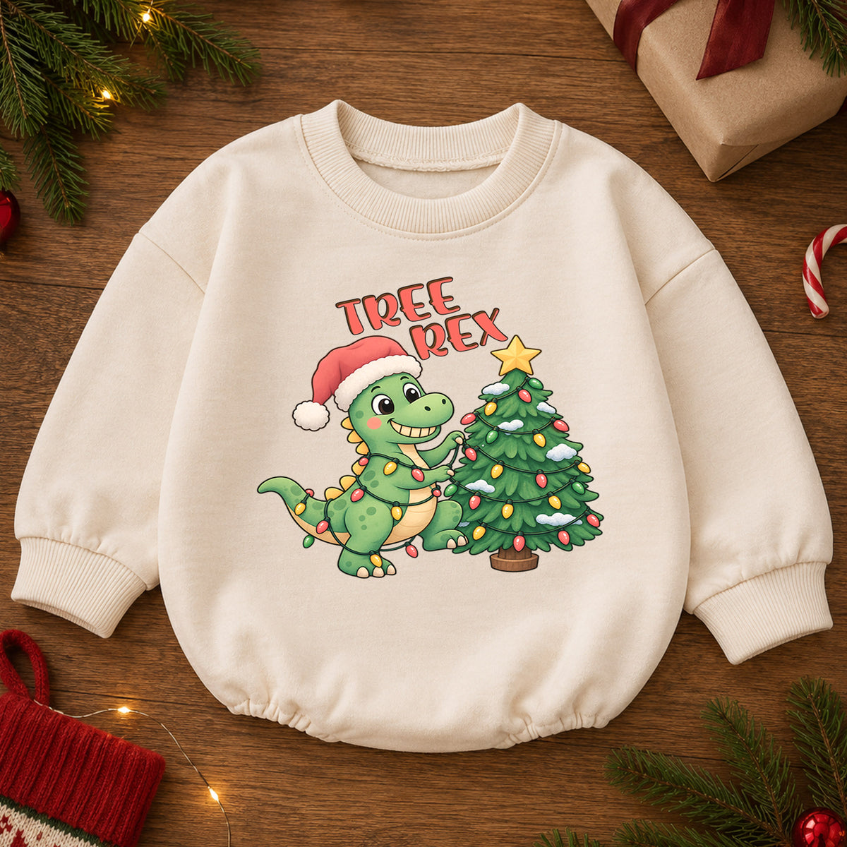 Tree Rex Christmas Baby Outfit, Cute Dinosaur Christmas Romper, Baby First Christmas Romper, Toddler Boy Holiday Outfit, Xmas Baby Gift — product view 2