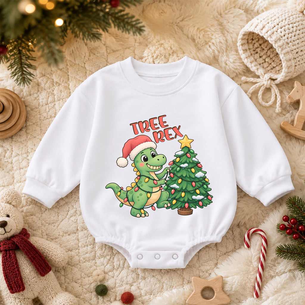 Tree Rex Christmas Baby Outfit, Cute Dinosaur Christmas Romper, Baby First Christmas Romper, Toddler Boy Holiday Outfit, Xmas Baby Gift — product view 3