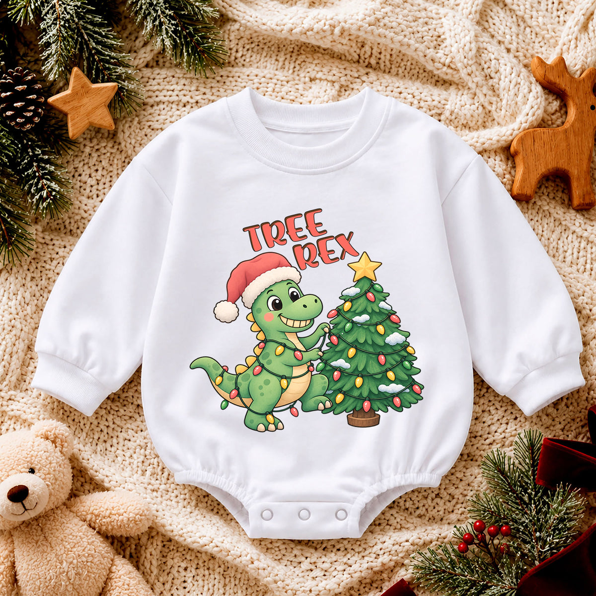 Tree Rex Christmas Baby Outfit, Cute Dinosaur Christmas Romper, Baby First Christmas Romper, Toddler Boy Holiday Outfit, Xmas Baby Gift — product view 4