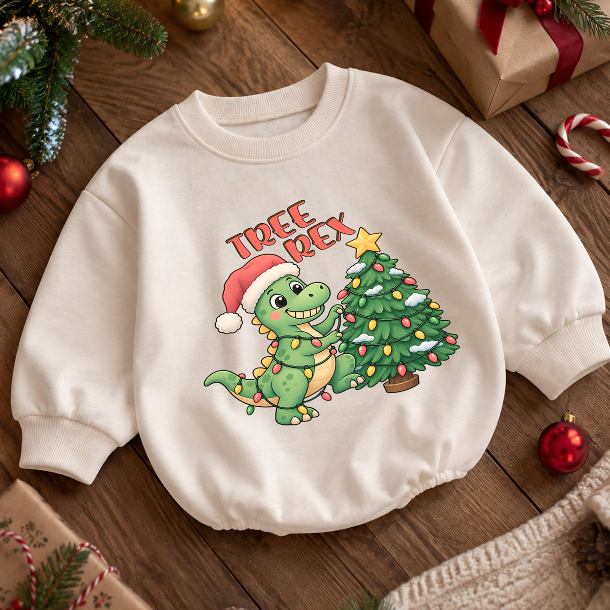 Tree Rex Christmas Baby Outfit, Cute Dinosaur Christmas Romper, Baby First Christmas Romper, Toddler Boy Holiday Outfit, Xmas Baby Gift — product view 5