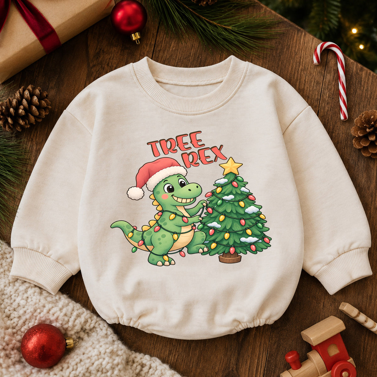 Tree Rex Christmas Baby Outfit, Cute Dinosaur Christmas Romper, Baby First Christmas Romper, Toddler Boy Holiday Outfit, Xmas Baby Gift — product view 6