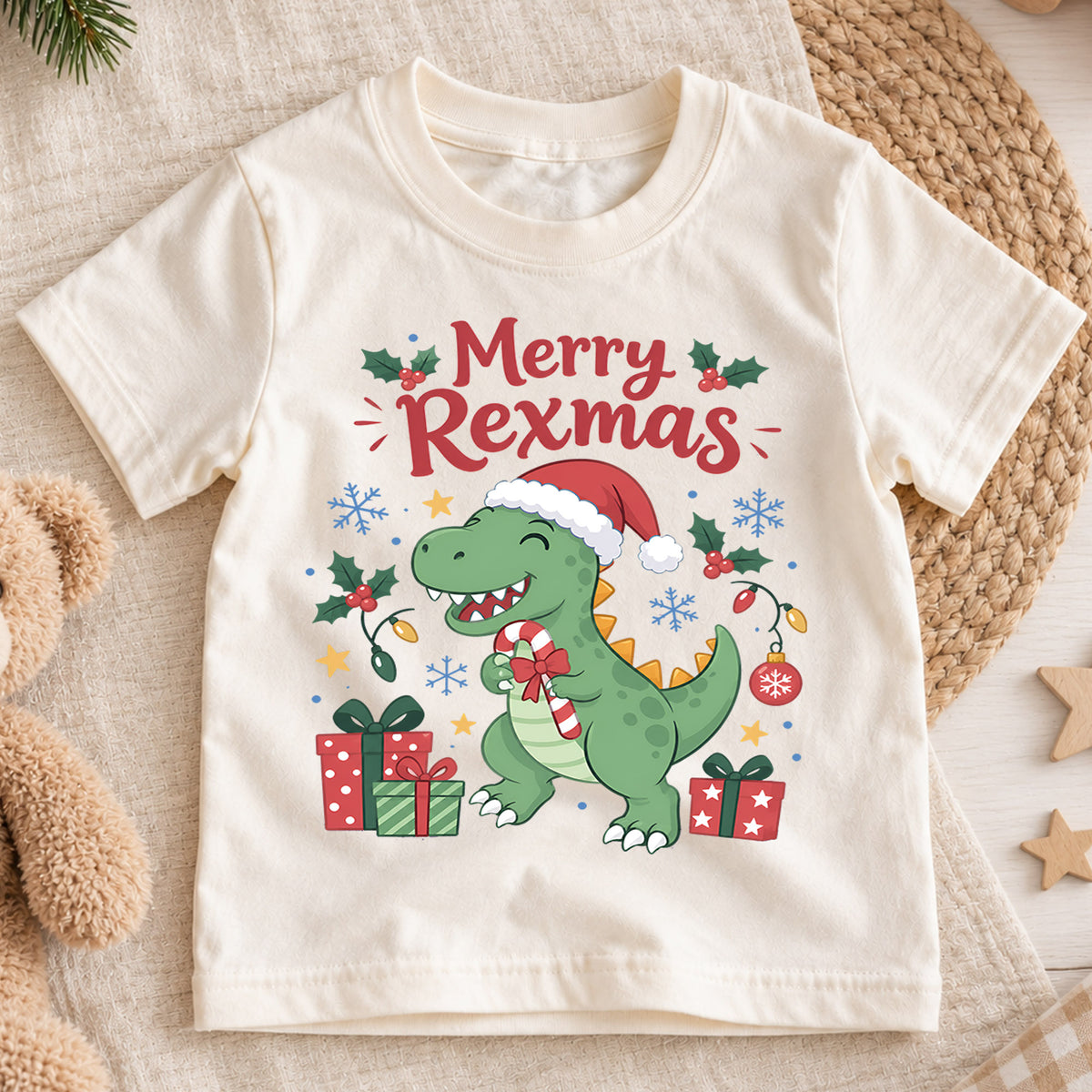 Merry Rexmas Kids Christmas Shirt, Cute T Rex Santa Hat Tee, Dinosaur Holiday Outfit for Boys Girls, Funny Dino Christmas Gift for Kids — product view 1