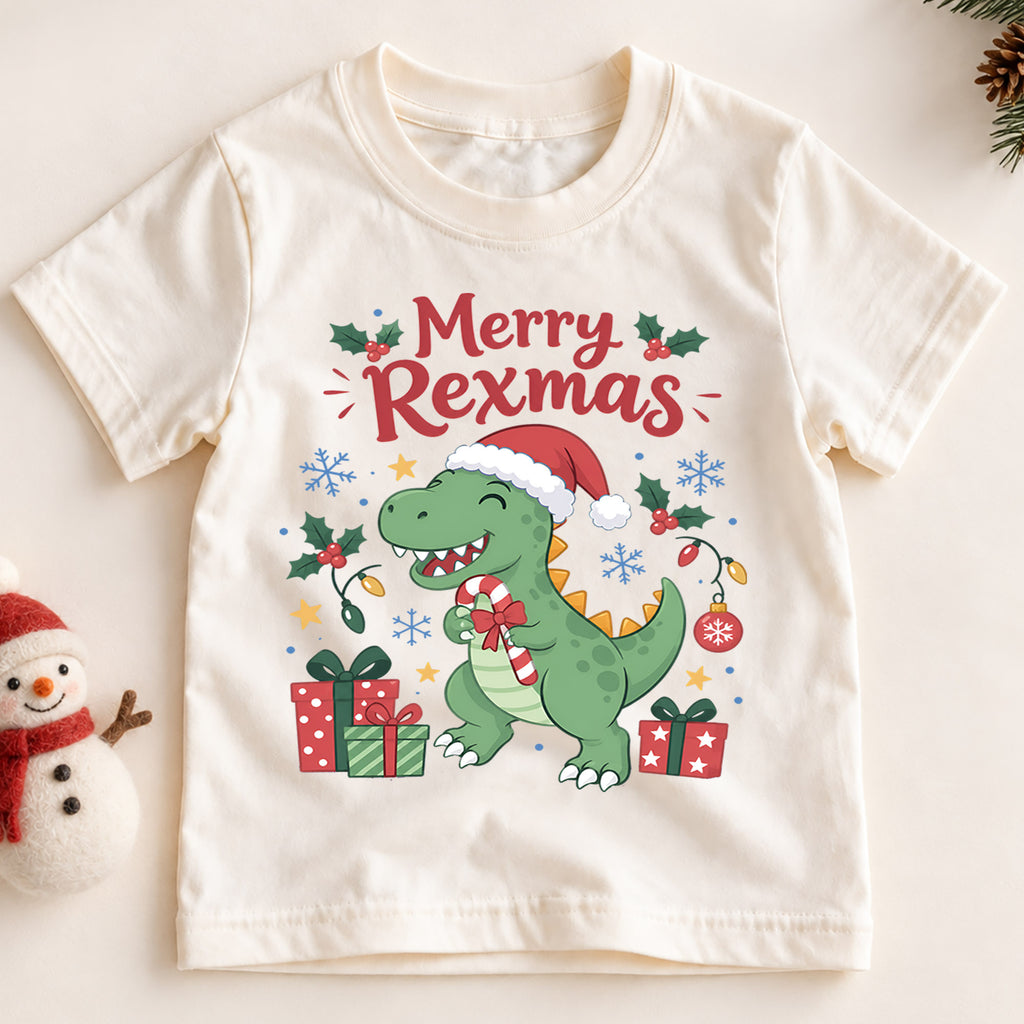 Merry Rexmas Kids Christmas Shirt, Cute T Rex Santa Hat Tee, Dinosaur Holiday Outfit for Boys Girls, Funny Dino Christmas Gift for Kids — product view 2