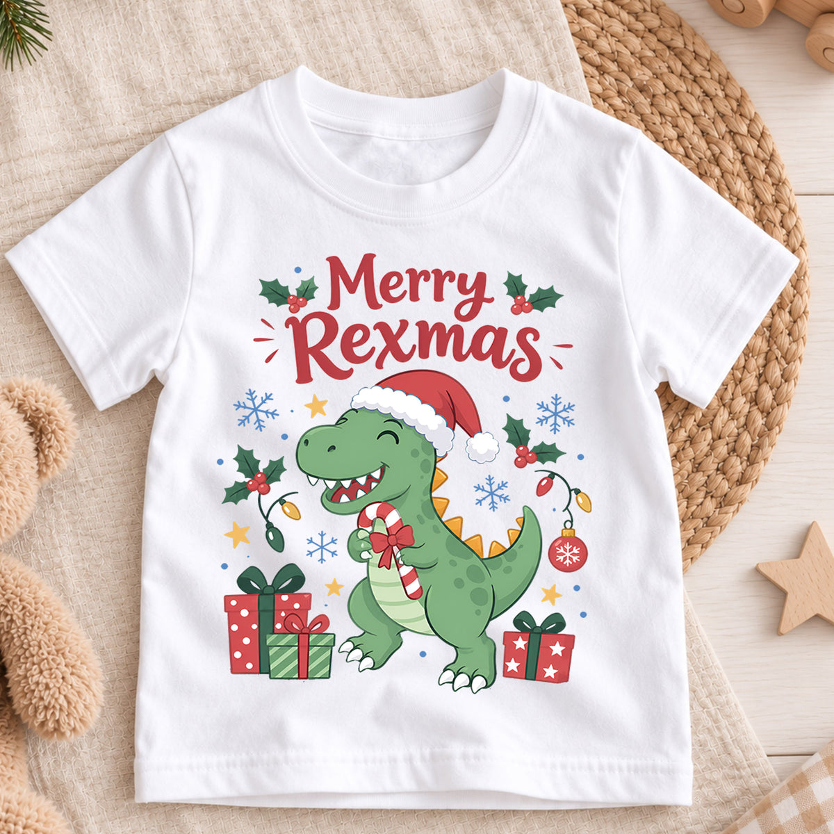 Merry Rexmas Kids Christmas Shirt, Cute T Rex Santa Hat Tee, Dinosaur Holiday Outfit for Boys Girls, Funny Dino Christmas Gift for Kids — product view 3