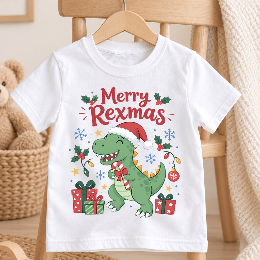 Merry Rexmas Kids Christmas Shirt, Cute T Rex Santa Hat Tee, Dinosaur Holiday Outfit for Boys Girls, Funny Dino Christmas Gift for Kids — product view 4