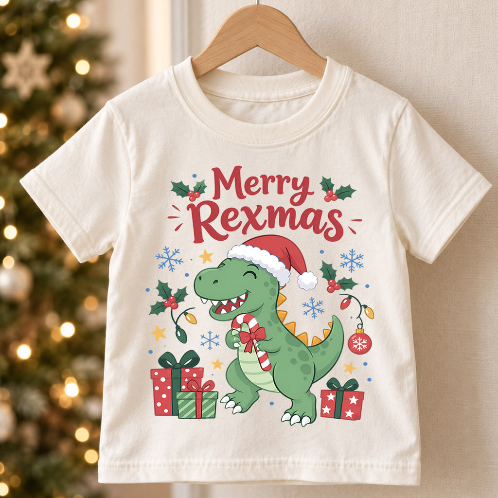 Merry Rexmas Kids Christmas Shirt, Cute T Rex Santa Hat Tee, Dinosaur Holiday Outfit for Boys Girls, Funny Dino Christmas Gift for Kids — product view 5