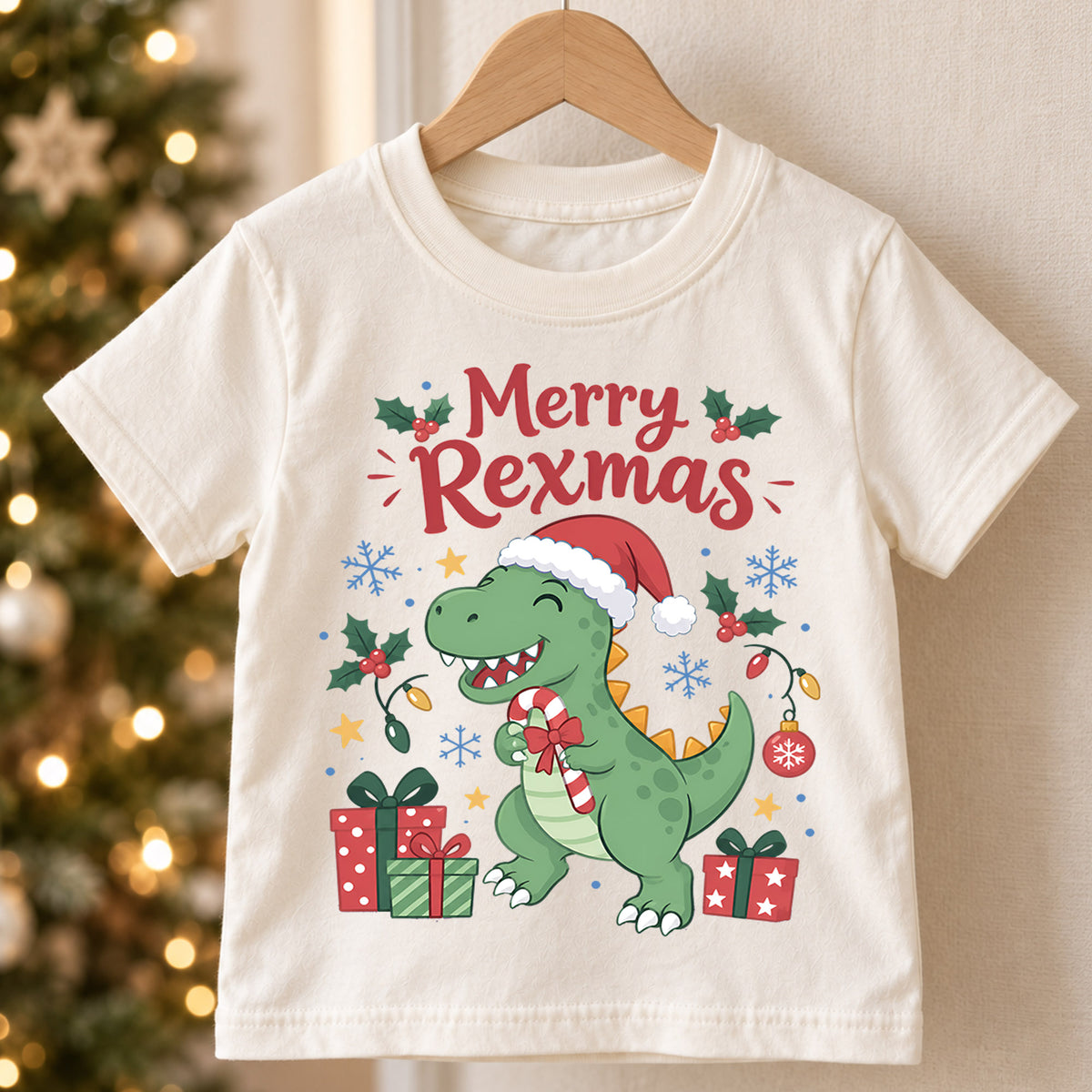 Merry Rexmas Kids Christmas Shirt, Cute T Rex Santa Hat Tee, Dinosaur Holiday Outfit for Boys Girls, Funny Dino Christmas Gift for Kids — product view 5