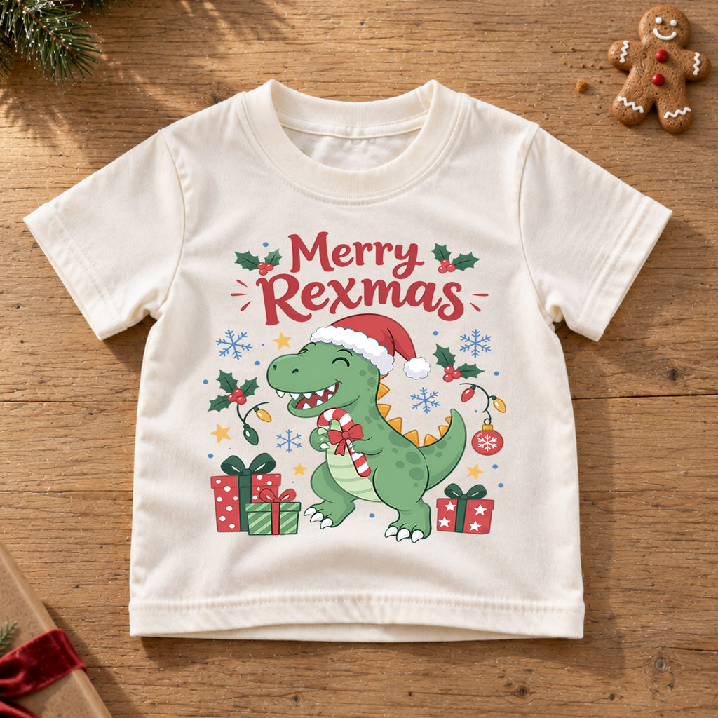 Merry Rexmas Kids Christmas Shirt, Cute T Rex Santa Hat Tee, Dinosaur Holiday Outfit for Boys Girls, Funny Dino Christmas Gift for Kids — product view 6
