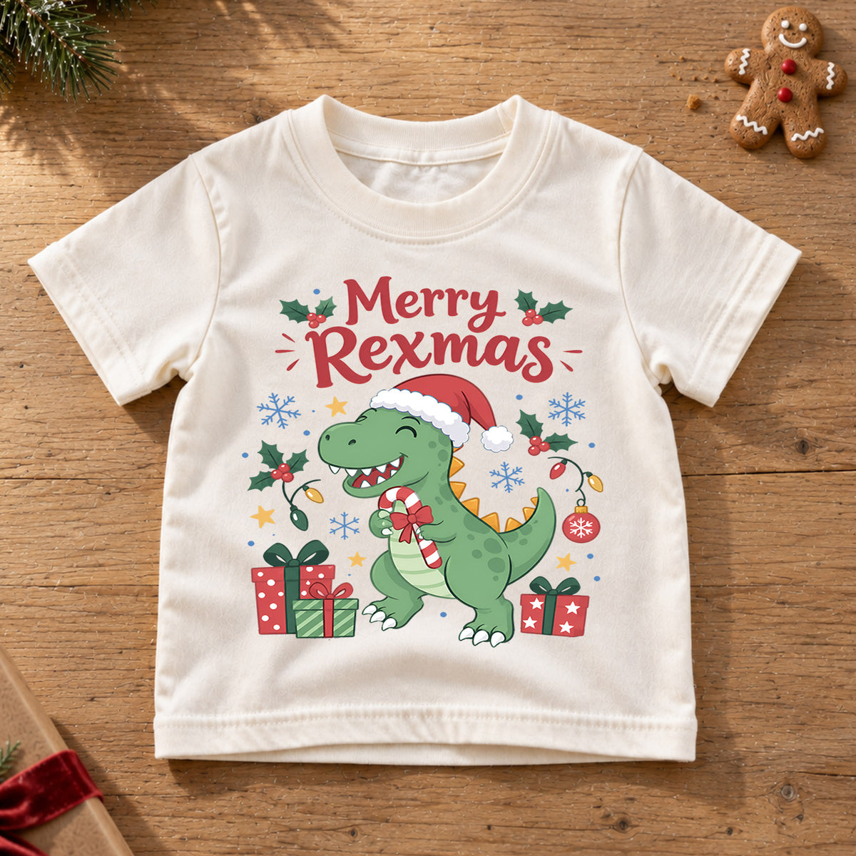 Merry Rexmas Kids Christmas Shirt, Cute T Rex Santa Hat Tee, Dinosaur Holiday Outfit for Boys Girls, Funny Dino Christmas Gift for Kids — product view 6