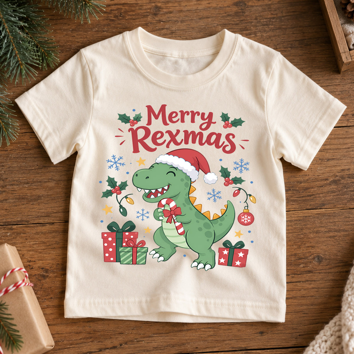 Merry Rexmas Kids Christmas Shirt, Cute T Rex Santa Hat Tee, Dinosaur Holiday Outfit for Boys Girls, Funny Dino Christmas Gift for Kids — product view 7