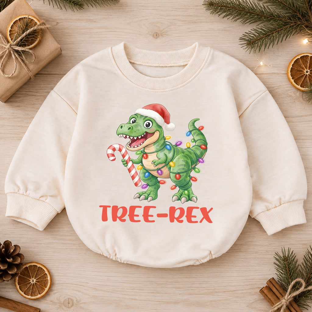 Tree Rex Dinosaur Baby Christmas Outfit, T Rex Holiday Romper, Baby First Christmas Romper, Toddler Boy Xmas Outfit, Christmas Baby Gift — product view 1