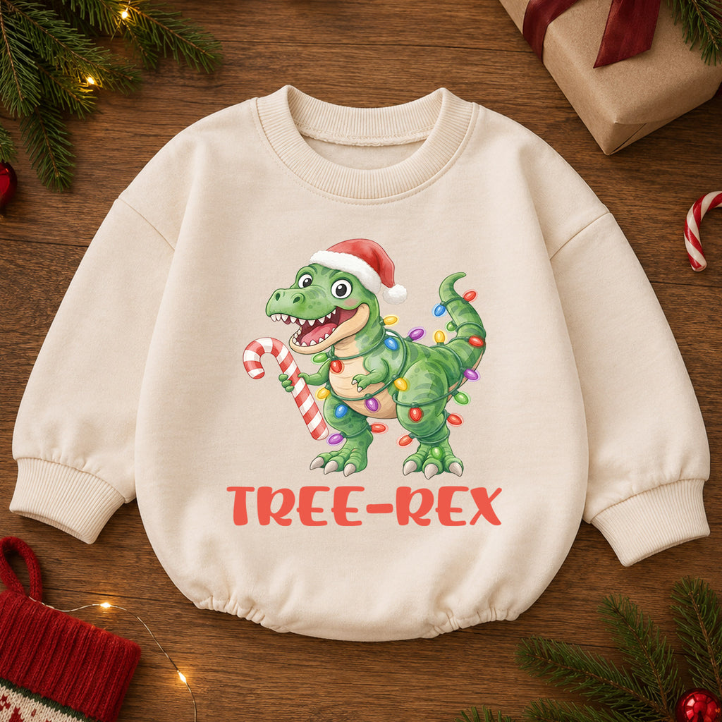 Tree Rex Dinosaur Baby Christmas Outfit, T Rex Holiday Romper, Baby First Christmas Romper, Toddler Boy Xmas Outfit, Christmas Baby Gift — product view 2