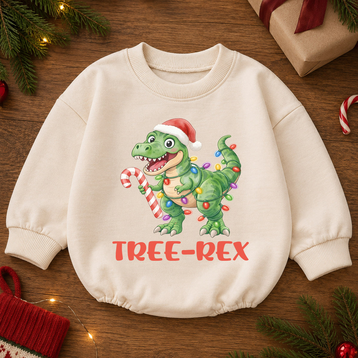 Tree Rex Dinosaur Baby Christmas Outfit, T Rex Holiday Romper, Baby First Christmas Romper, Toddler Boy Xmas Outfit, Christmas Baby Gift — product view 2