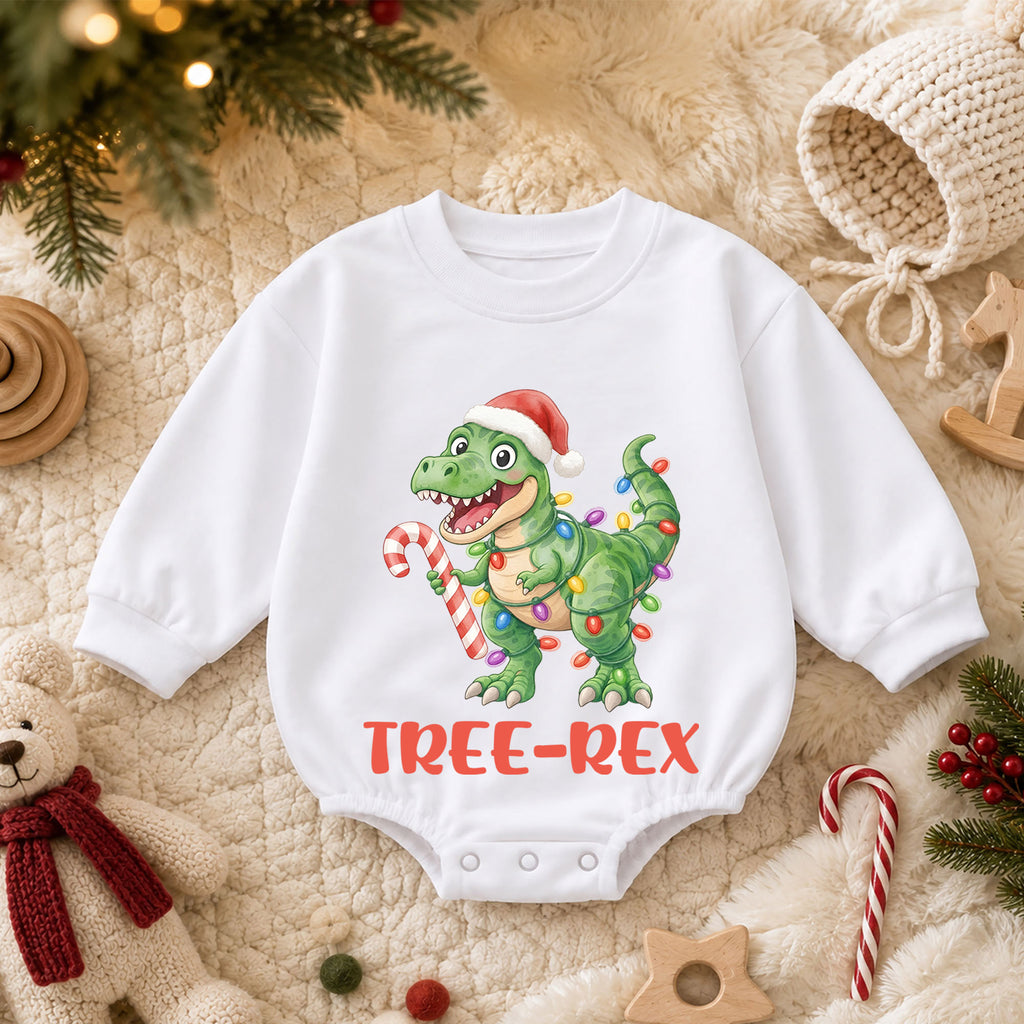 Tree Rex Dinosaur Baby Christmas Outfit, T Rex Holiday Romper, Baby First Christmas Romper, Toddler Boy Xmas Outfit, Christmas Baby Gift — product view 3