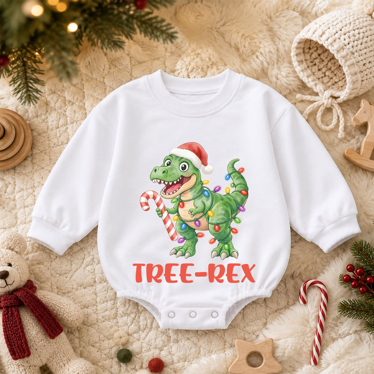 Tree Rex Dinosaur Baby Christmas Outfit, T Rex Holiday Romper, Baby First Christmas Romper, Toddler Boy Xmas Outfit, Christmas Baby Gift — product view 3