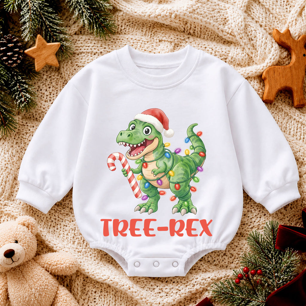 Tree Rex Dinosaur Baby Christmas Outfit, T Rex Holiday Romper, Baby First Christmas Romper, Toddler Boy Xmas Outfit, Christmas Baby Gift — product view 4