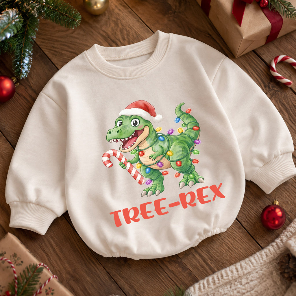 Tree Rex Dinosaur Baby Christmas Outfit, T Rex Holiday Romper, Baby First Christmas Romper, Toddler Boy Xmas Outfit, Christmas Baby Gift — product view 5