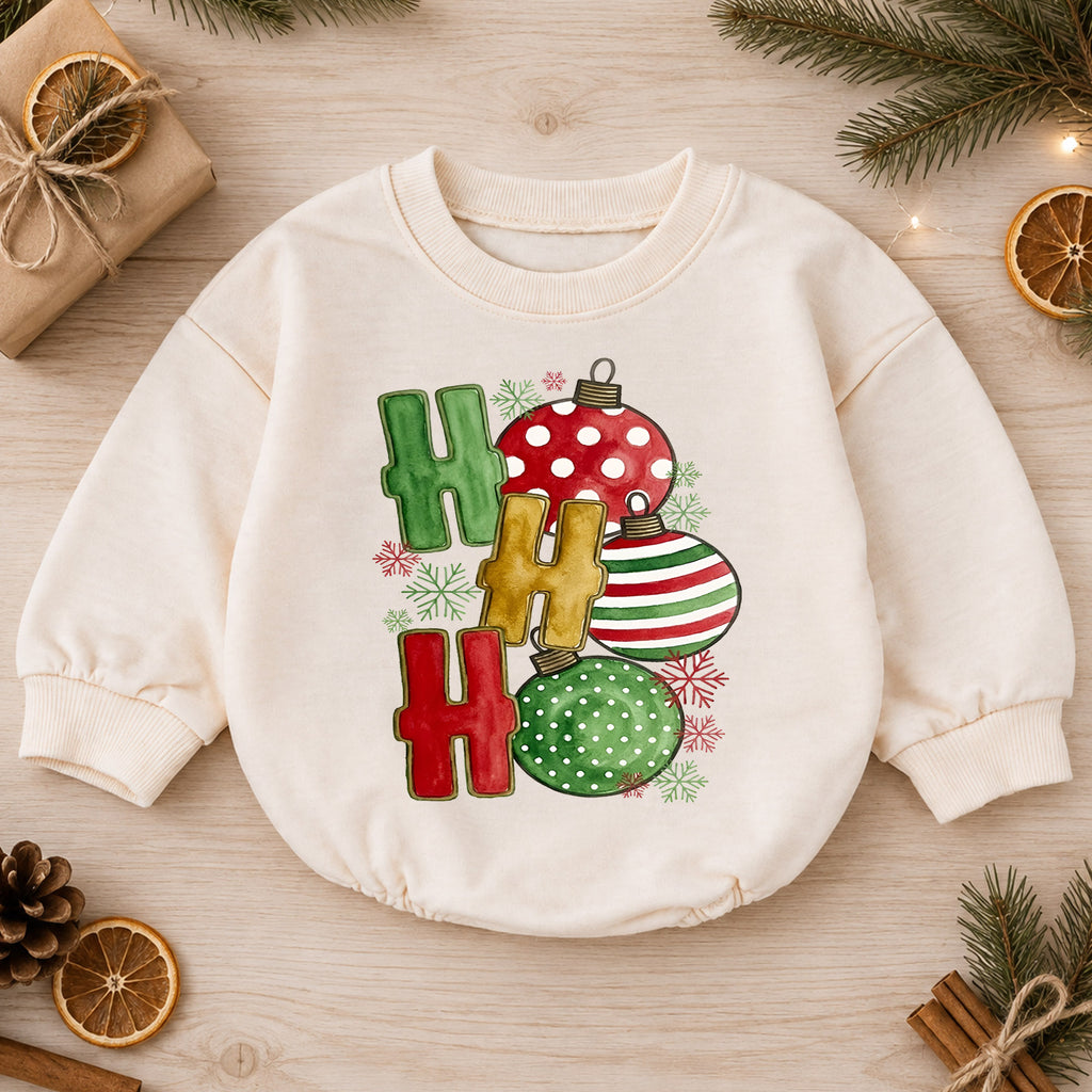 Ho Ho Ho Christmas Baby Outfit, Ornament Holiday Romper, Baby First Christmas Romper, Toddler Xmas Outfit, Classic Christmas Baby Gift — product view 1