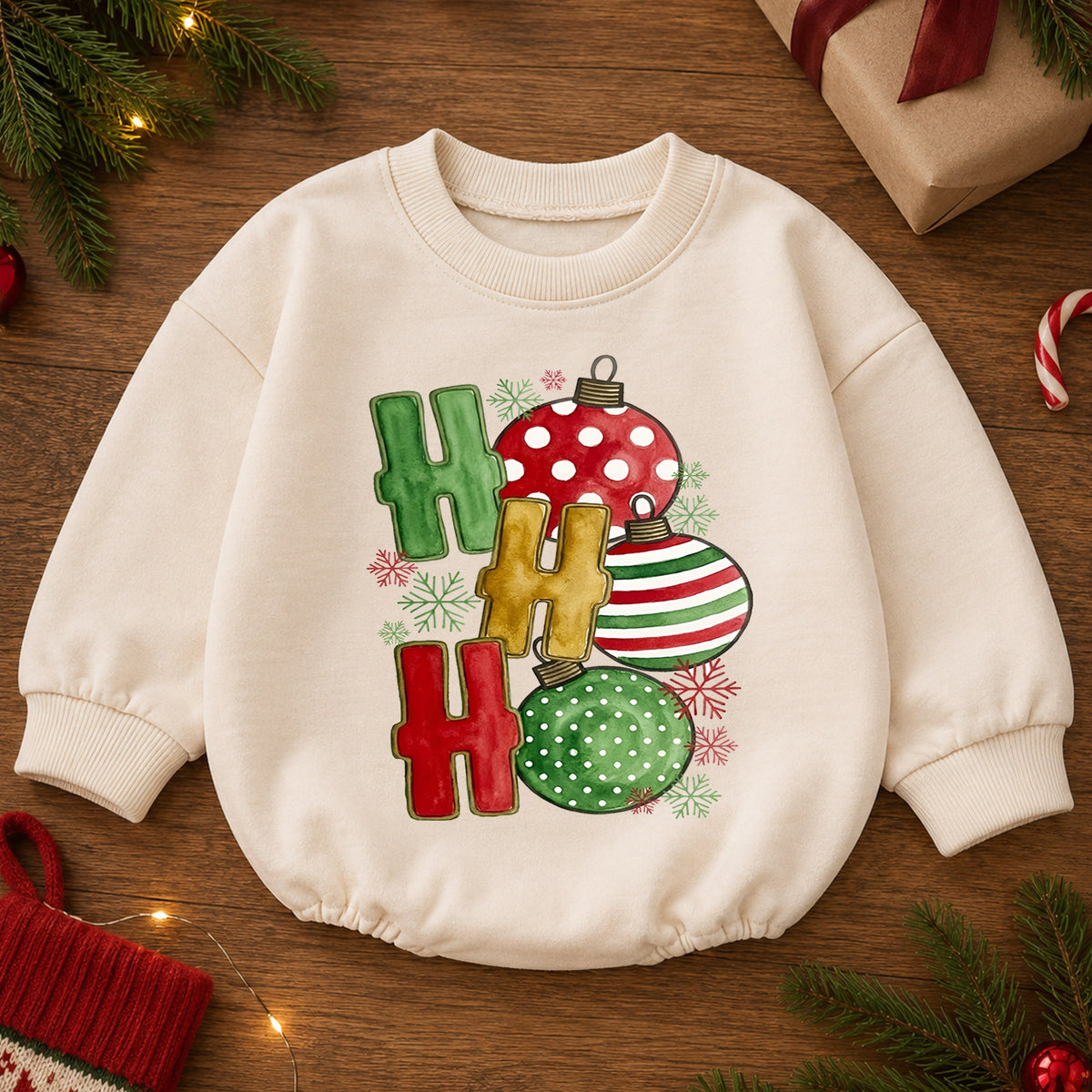 Ho Ho Ho Christmas Baby Outfit, Ornament Holiday Romper, Baby First Christmas Romper, Toddler Xmas Outfit, Classic Christmas Baby Gift — product view 2