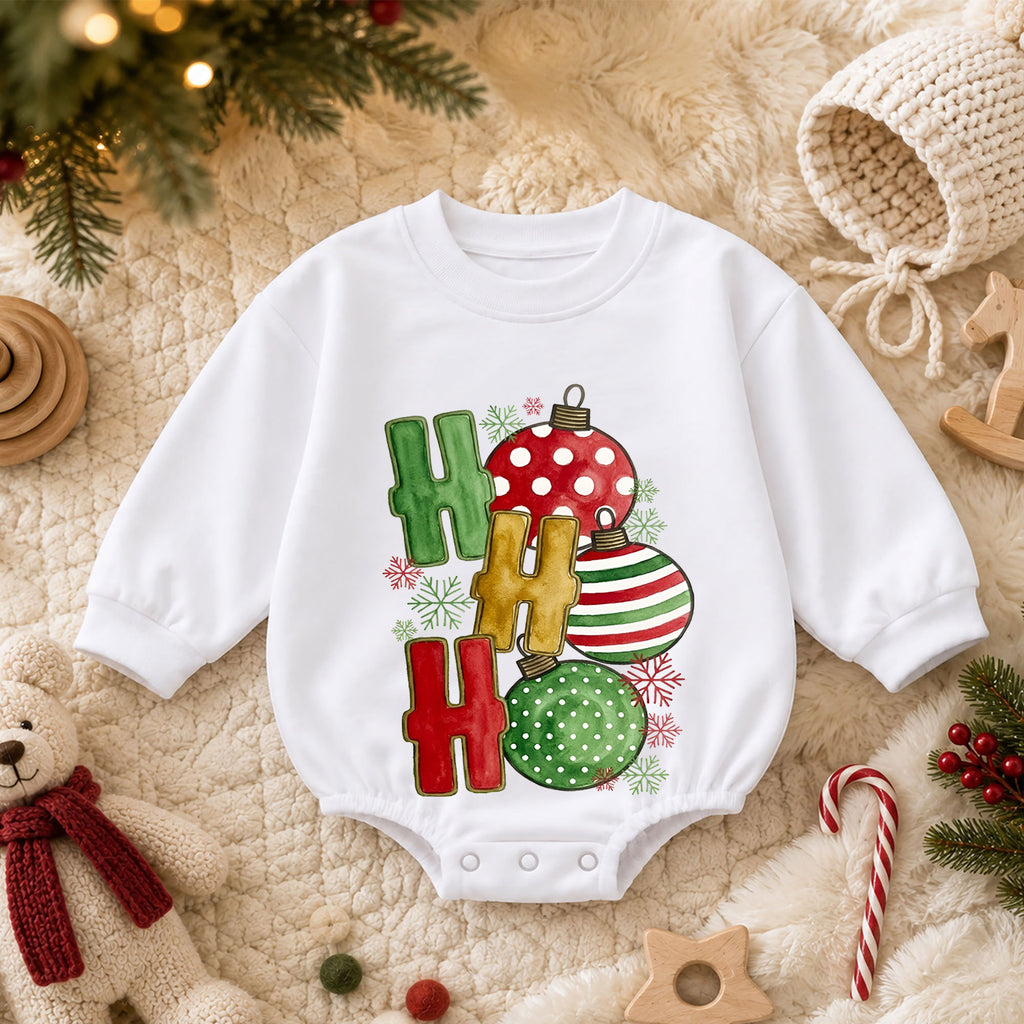 Ho Ho Ho Christmas Baby Outfit, Ornament Holiday Romper, Baby First Christmas Romper, Toddler Xmas Outfit, Classic Christmas Baby Gift — product view 3