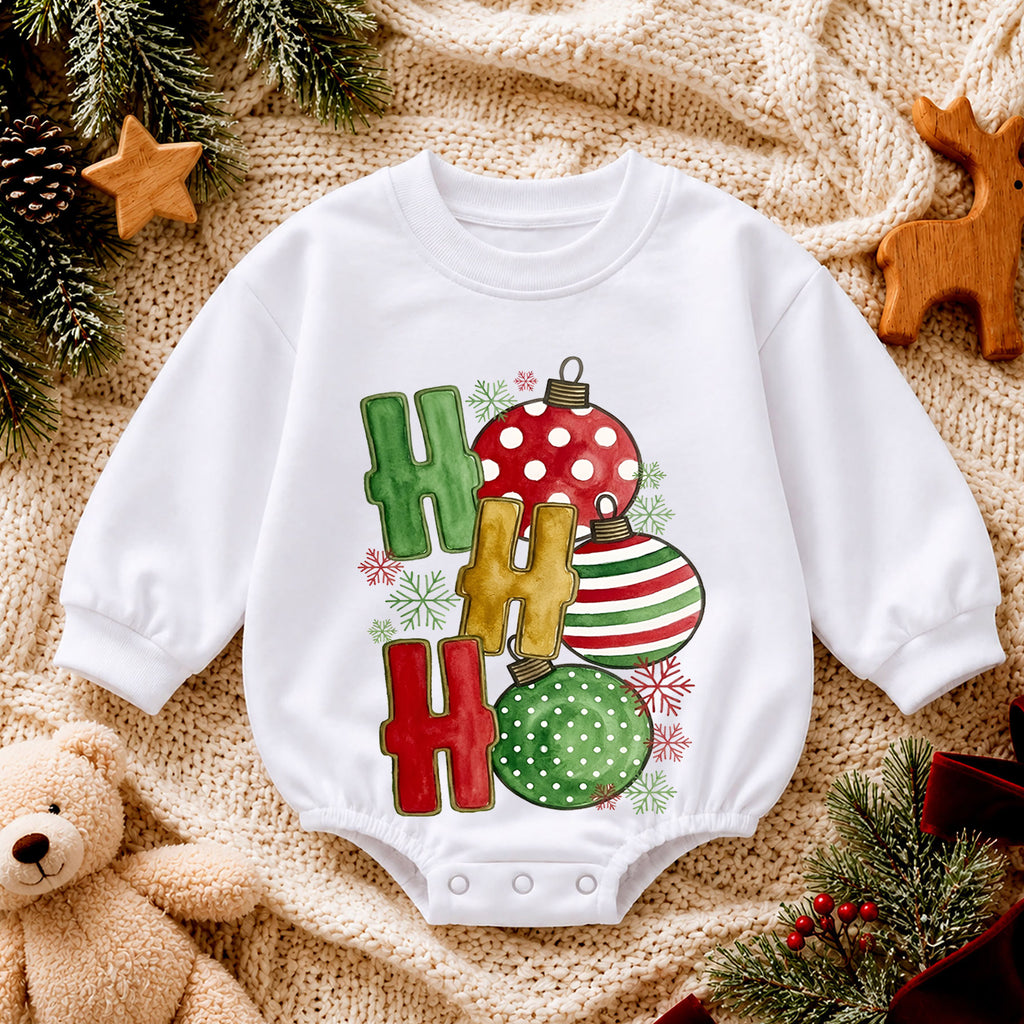 Ho Ho Ho Christmas Baby Outfit, Ornament Holiday Romper, Baby First Christmas Romper, Toddler Xmas Outfit, Classic Christmas Baby Gift — product view 4